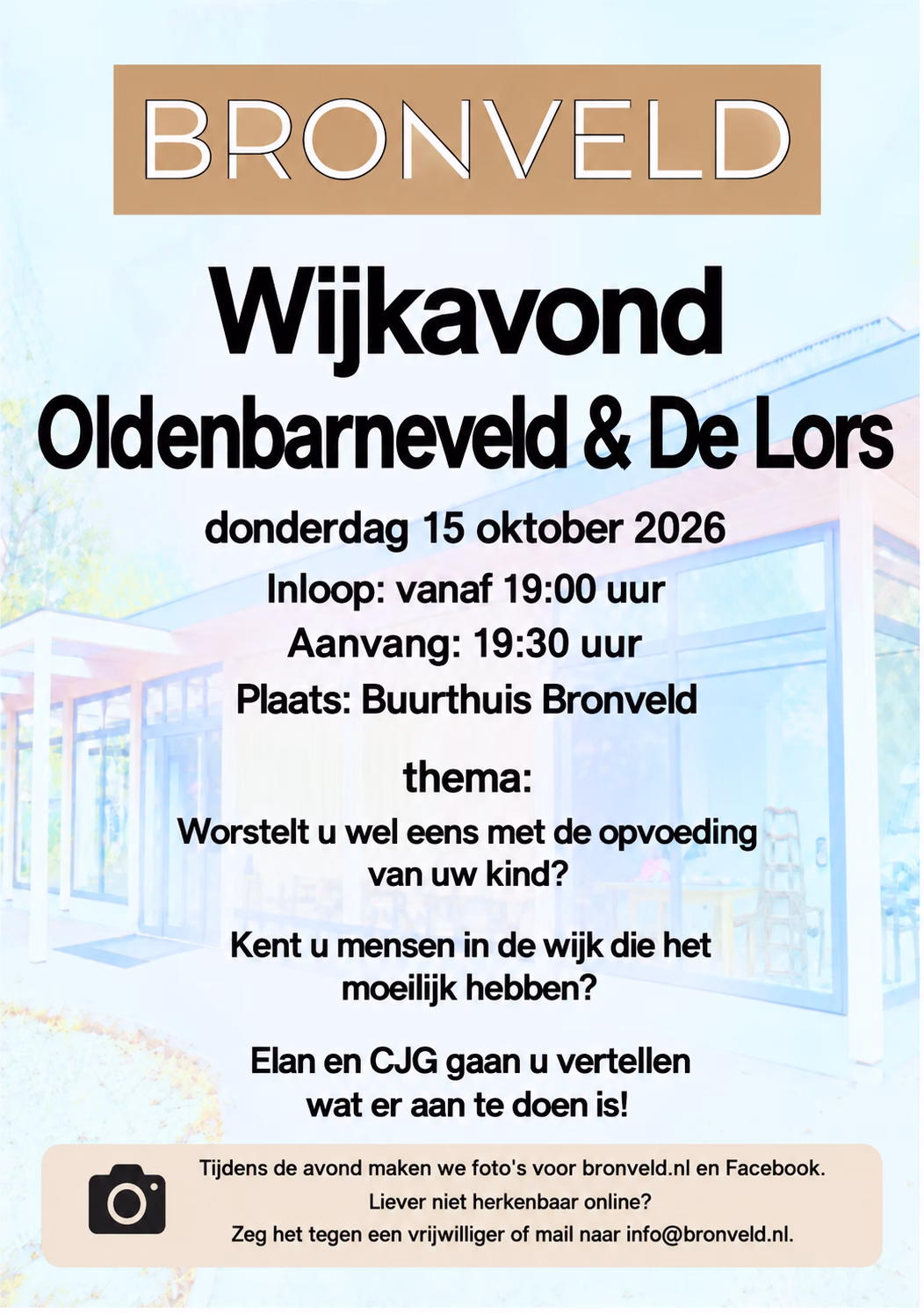 Flyer wijkavond Oldenbarneveld en De Lors, donderdag 15 oktober 2026 in Buurthuis Bronveld, met Elan en CJG